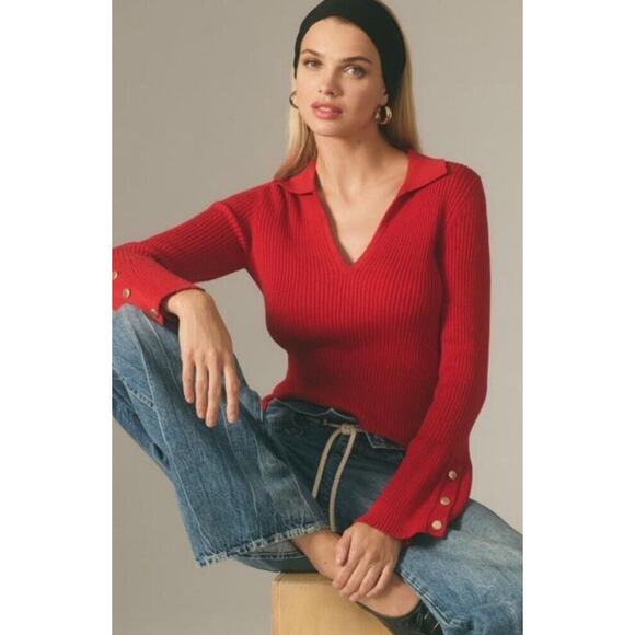 NWT Anthropologie Maeve Red Ribbed Bell Sleeve Polo Sweater Womens Small - Picture 1 of 11